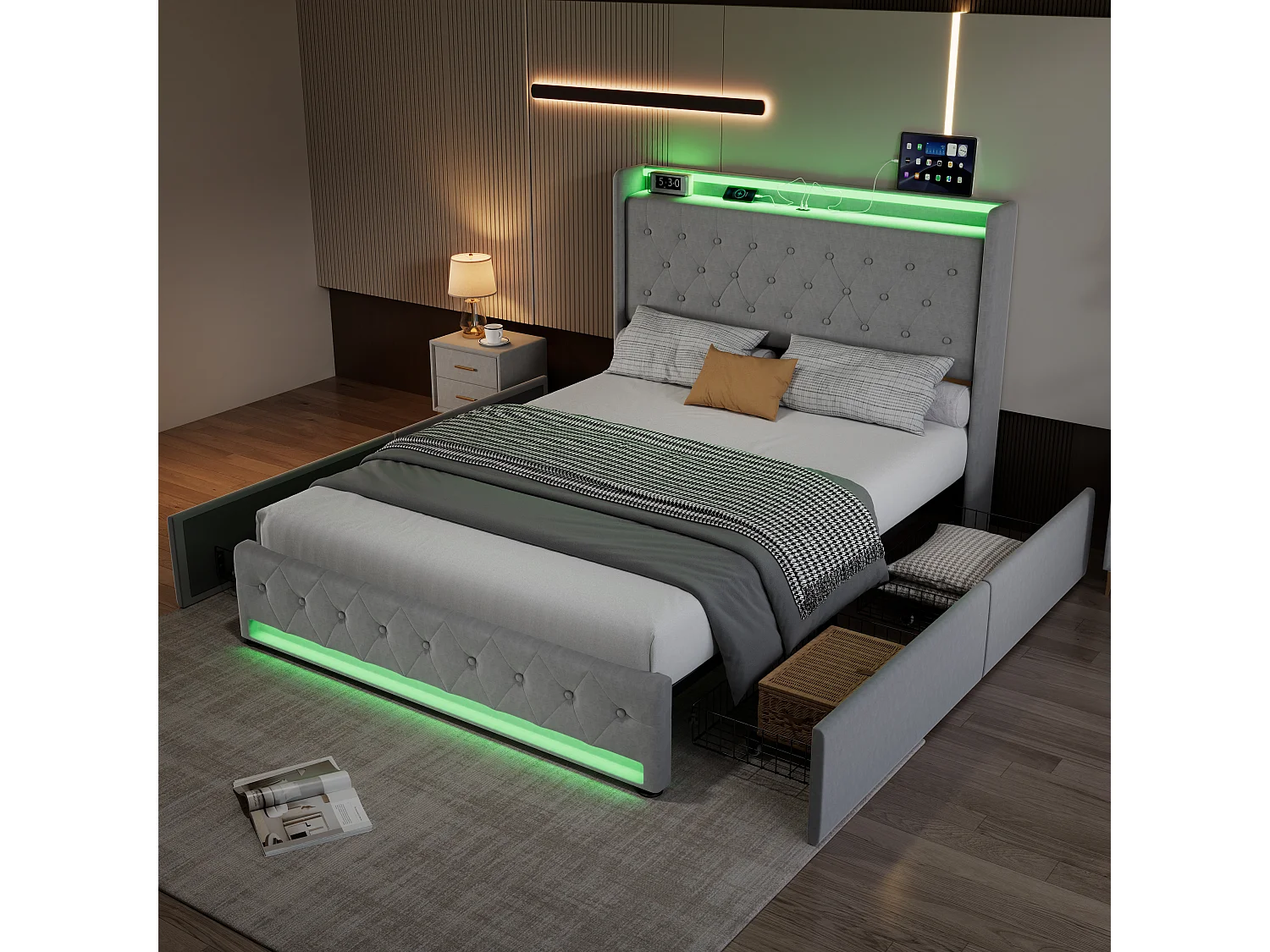 Upholstered double bed 135x190 cm - With 4 drawers - with LED strip lighting - with charging socket - velvet fabric - grey