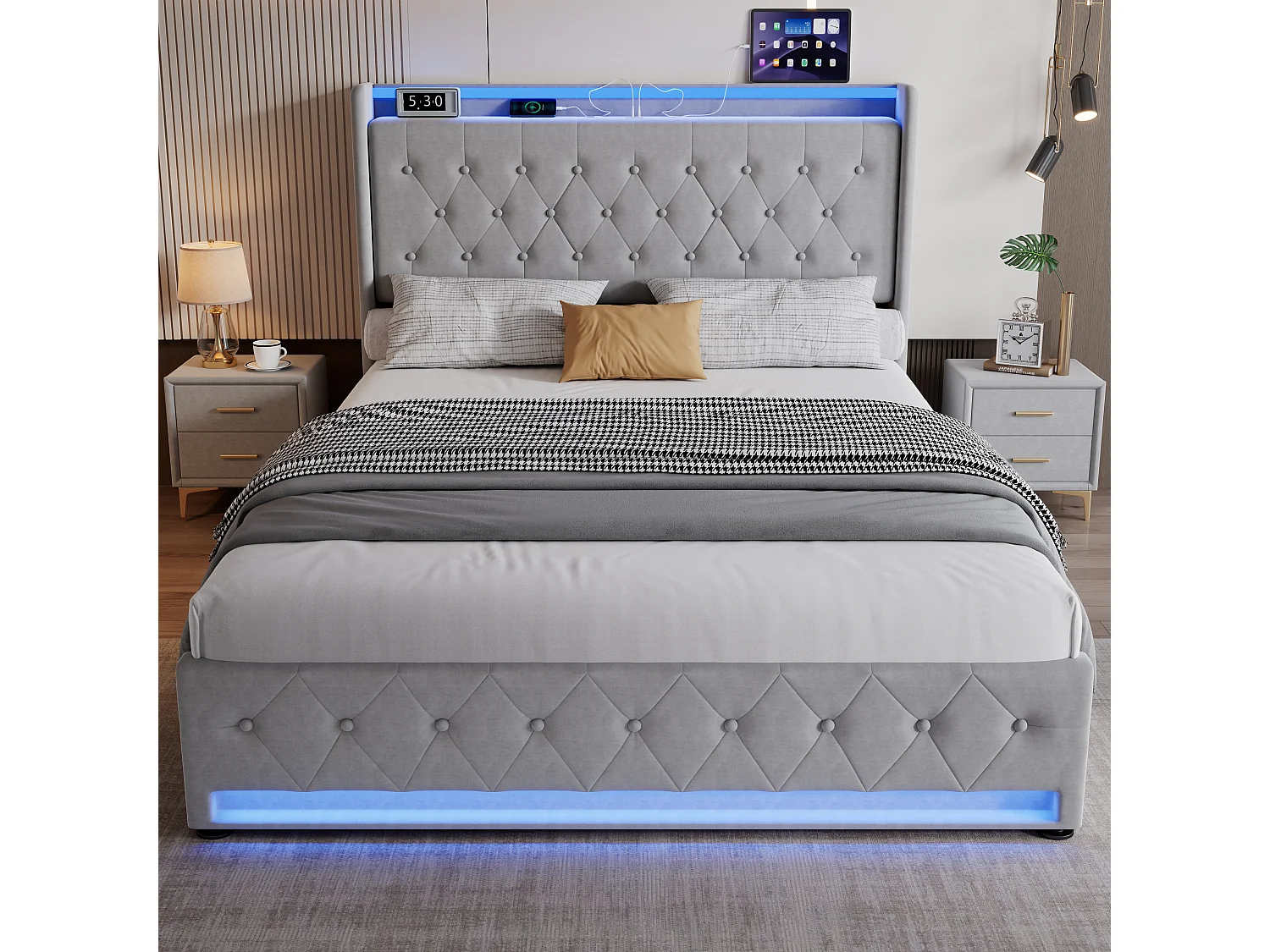 Upholstered double bed 135x190 cm - With 4 drawers - with LED strip lighting - with charging socket - velvet fabric - grey