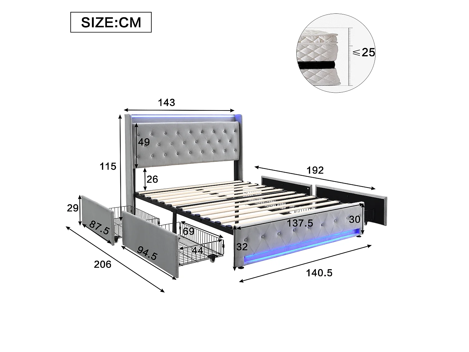 Upholstered double bed 135x190 cm - With 4 drawers - with LED strip lighting - with charging socket - velvet fabric - grey
