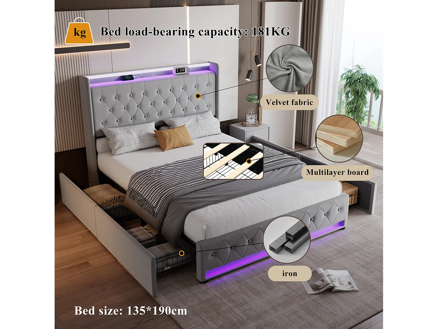 Upholstered double bed 135x190 cm - With 4 drawers - with LED strip lighting - with charging socket - velvet fabric - grey