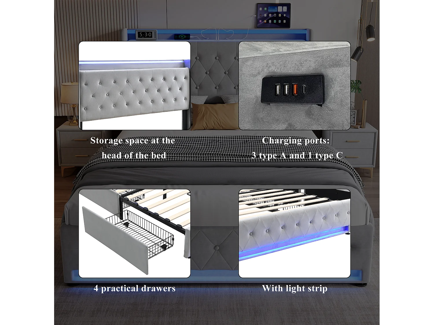 Upholstered double bed 135x190 cm - With 4 drawers - with LED strip lighting - with charging socket - velvet fabric - grey