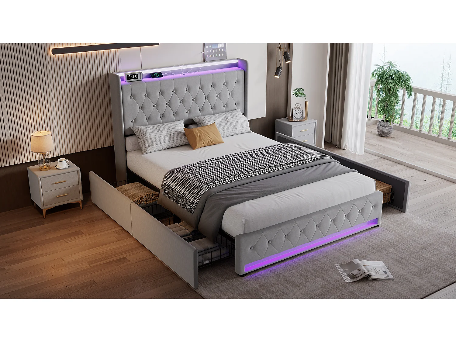 Upholstered double bed 135x190 cm - With 4 drawers - with LED strip lighting - with charging socket - velvet fabric - grey