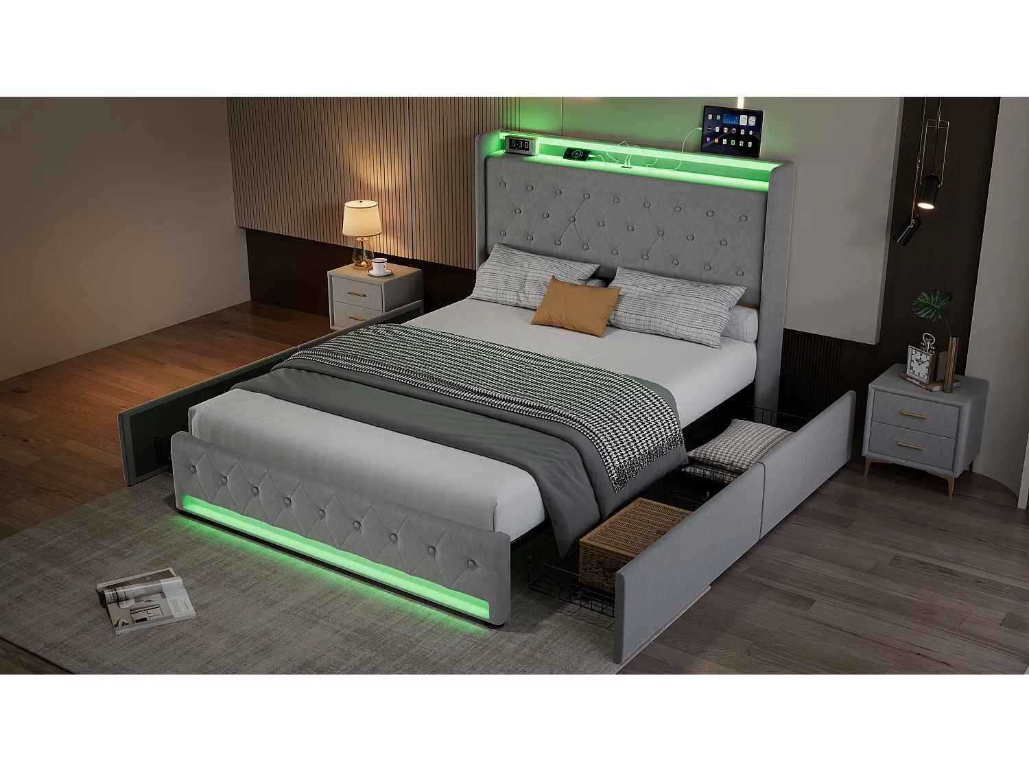 Upholstered double bed 135x190 cm - With 4 drawers - with LED strip lighting - with charging socket - velvet fabric - grey
