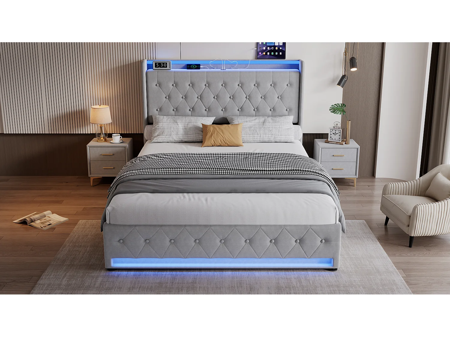 Upholstered double bed 135x190 cm - With 4 drawers - with LED strip lighting - with charging socket - velvet fabric - grey