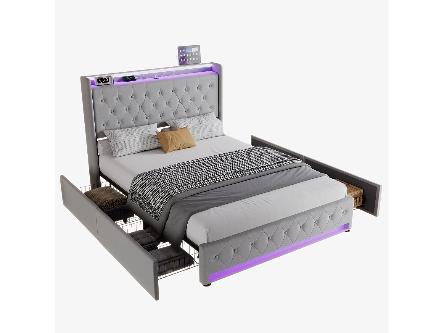 Upholstered double bed 135x190 cm - With 4 drawers - with LED strip lighting - with charging socket - velvet fabric - grey