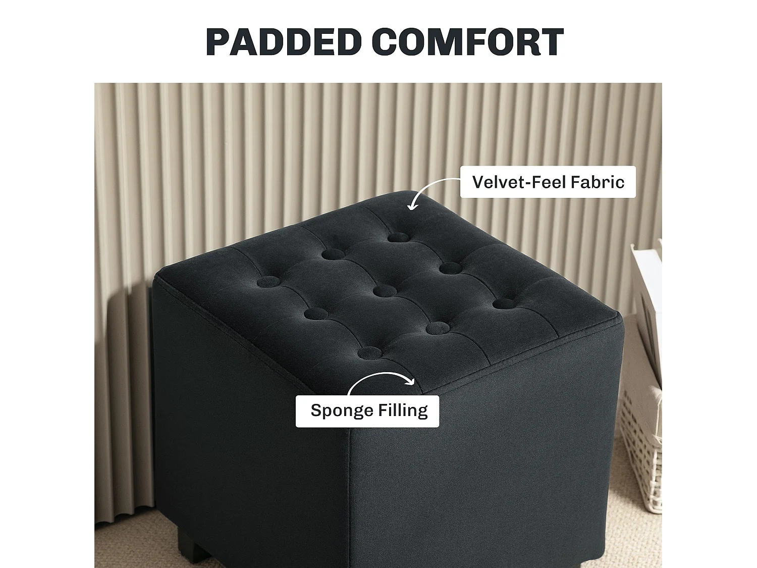 Liviel Velvet Feel Charcoal Square Ottoman 35 x 35cm