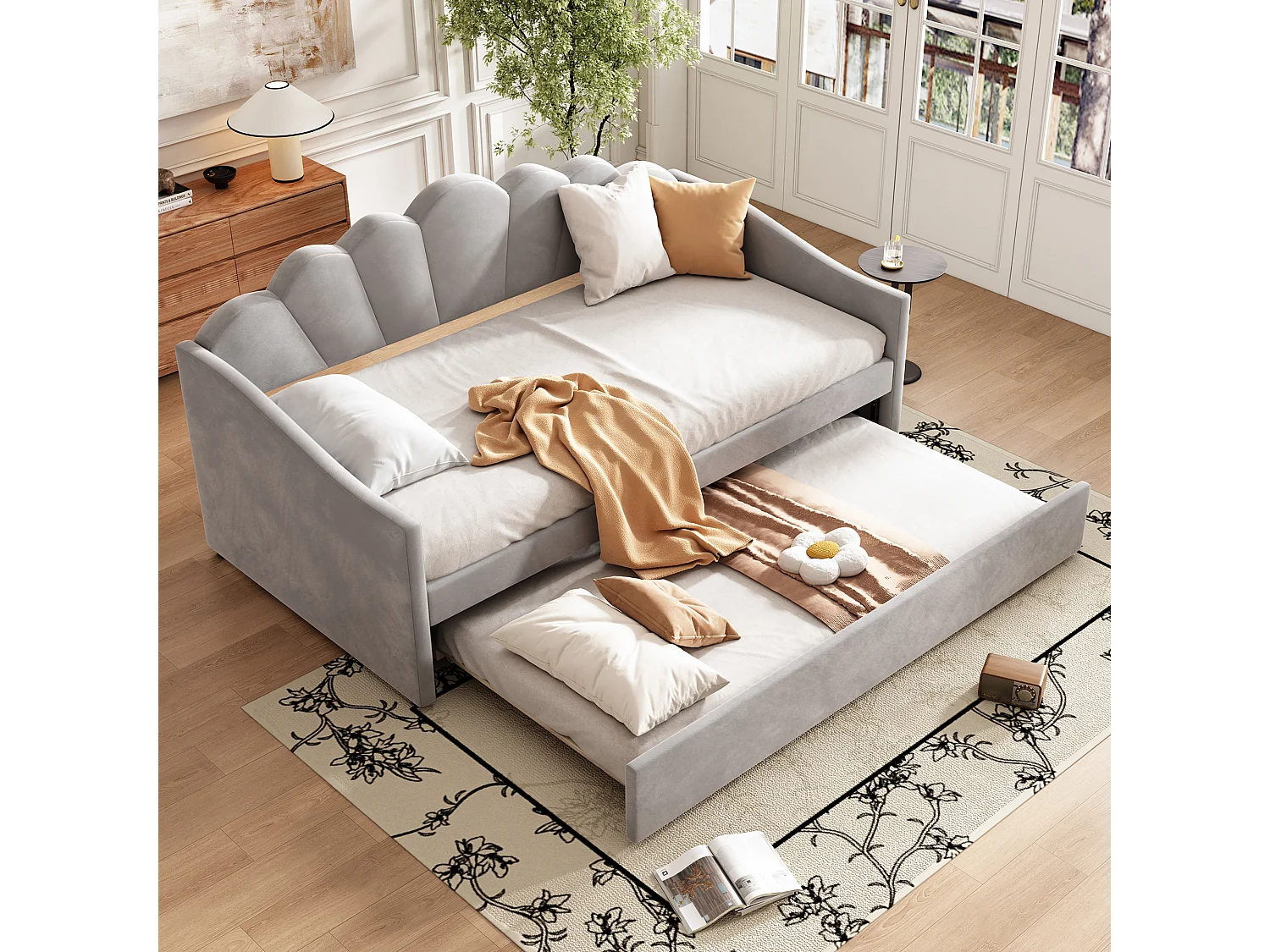 Upholstered single bed 90x190 cm - with pull-out bed 90x190 cm - velvet fabric - grey