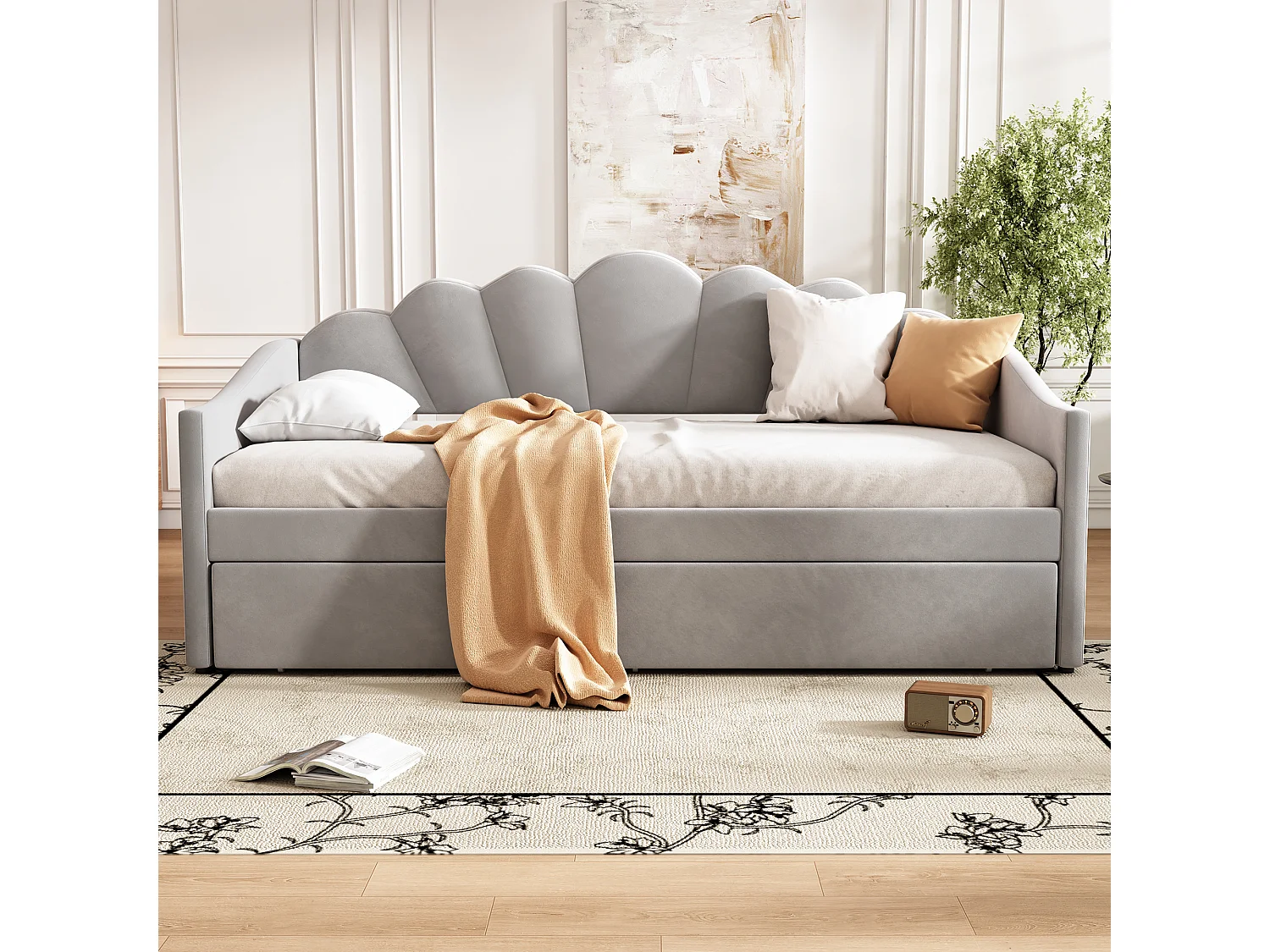 Upholstered single bed 90x190 cm - with pull-out bed 90x190 cm - velvet fabric - grey