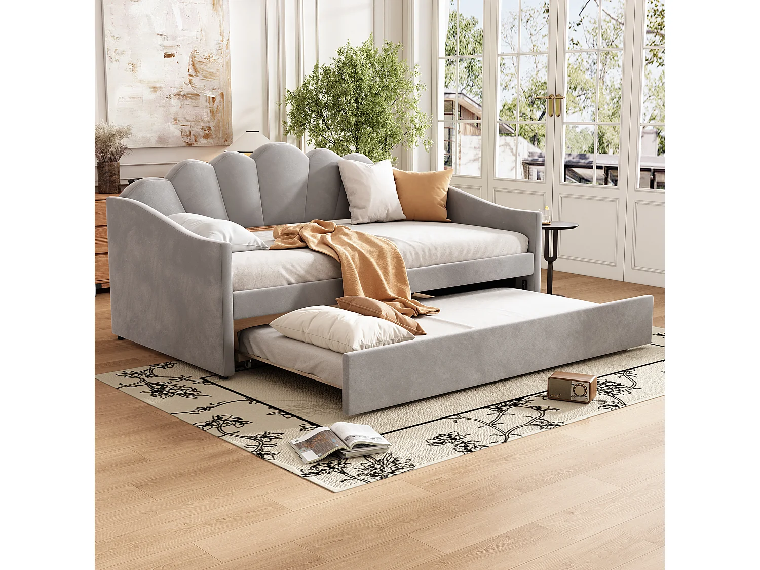 Upholstered single bed 90x190 cm - with pull-out bed 90x190 cm - velvet fabric - grey