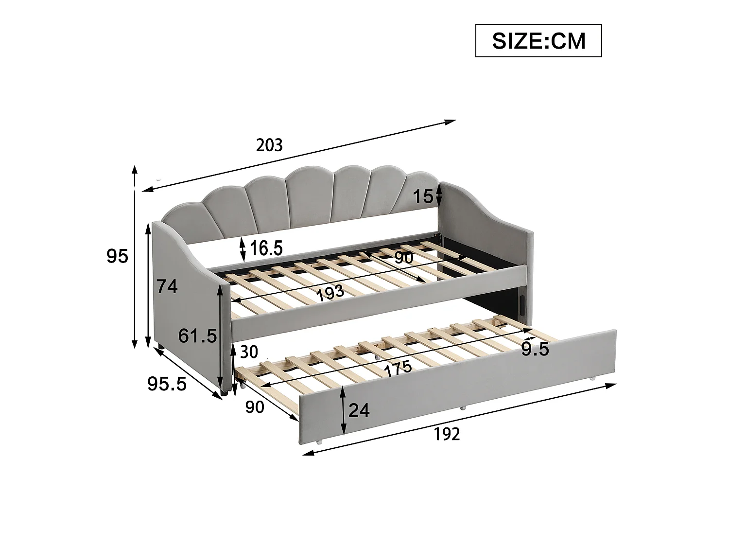 Upholstered single bed 90x190 cm - with pull-out bed 90x190 cm - velvet fabric - grey