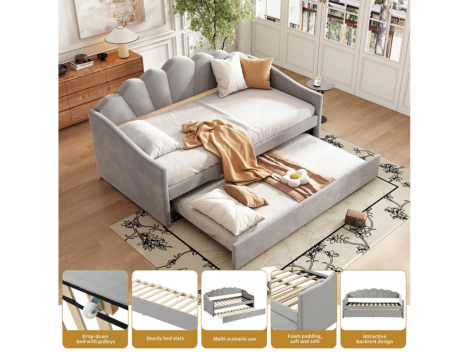 Upholstered single bed 90x190 cm - with pull-out bed 90x190 cm - velvet fabric - grey