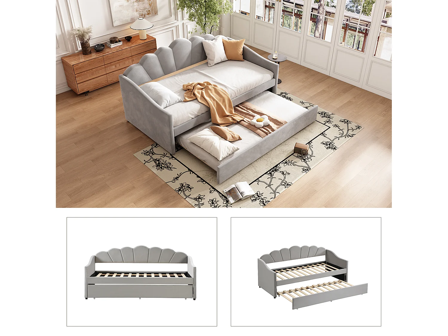 Upholstered single bed 90x190 cm - with pull-out bed 90x190 cm - velvet fabric - grey