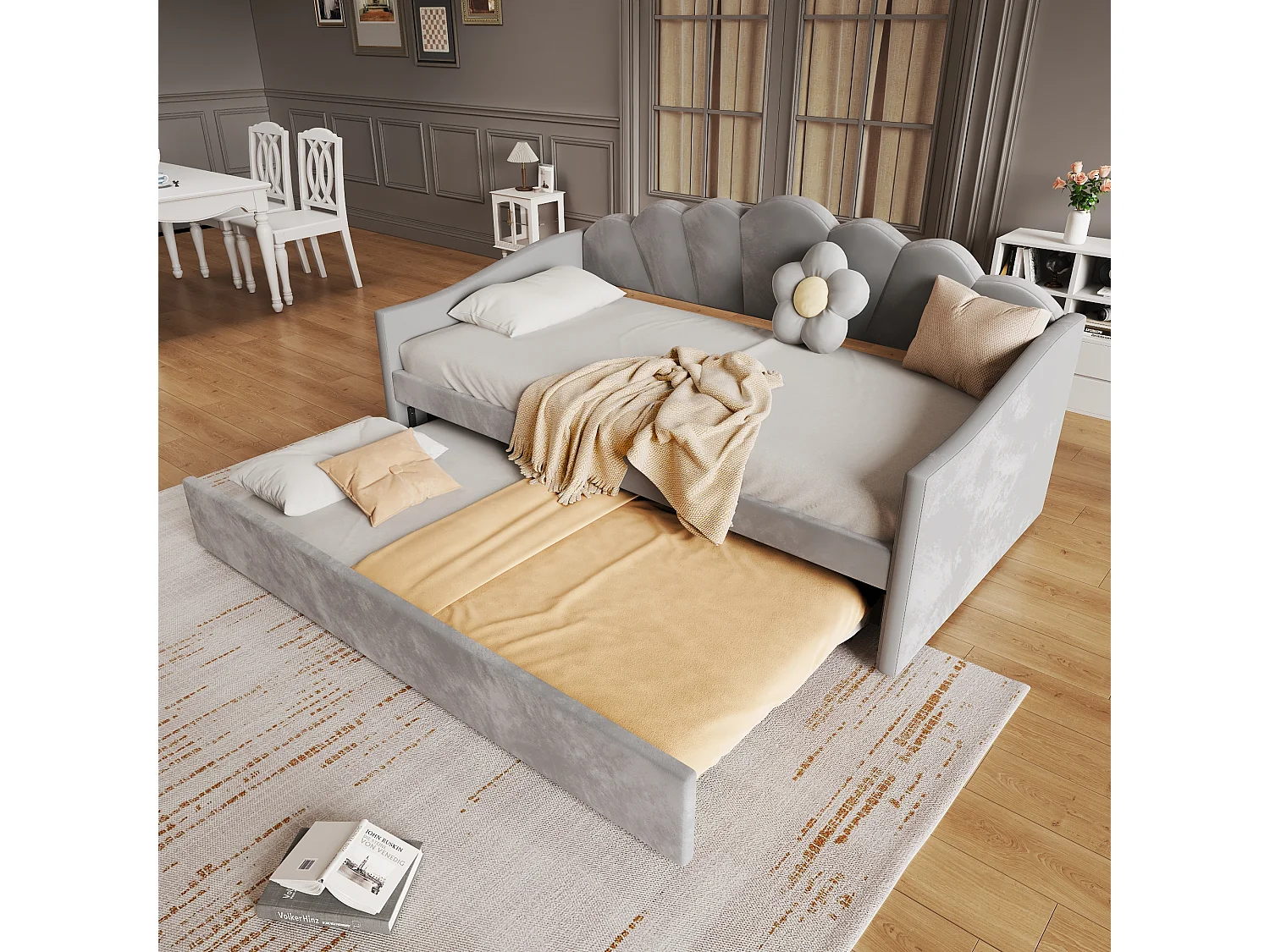 Upholstered single bed 90x190 cm - with pull-out bed 90x190 cm - velvet fabric - grey