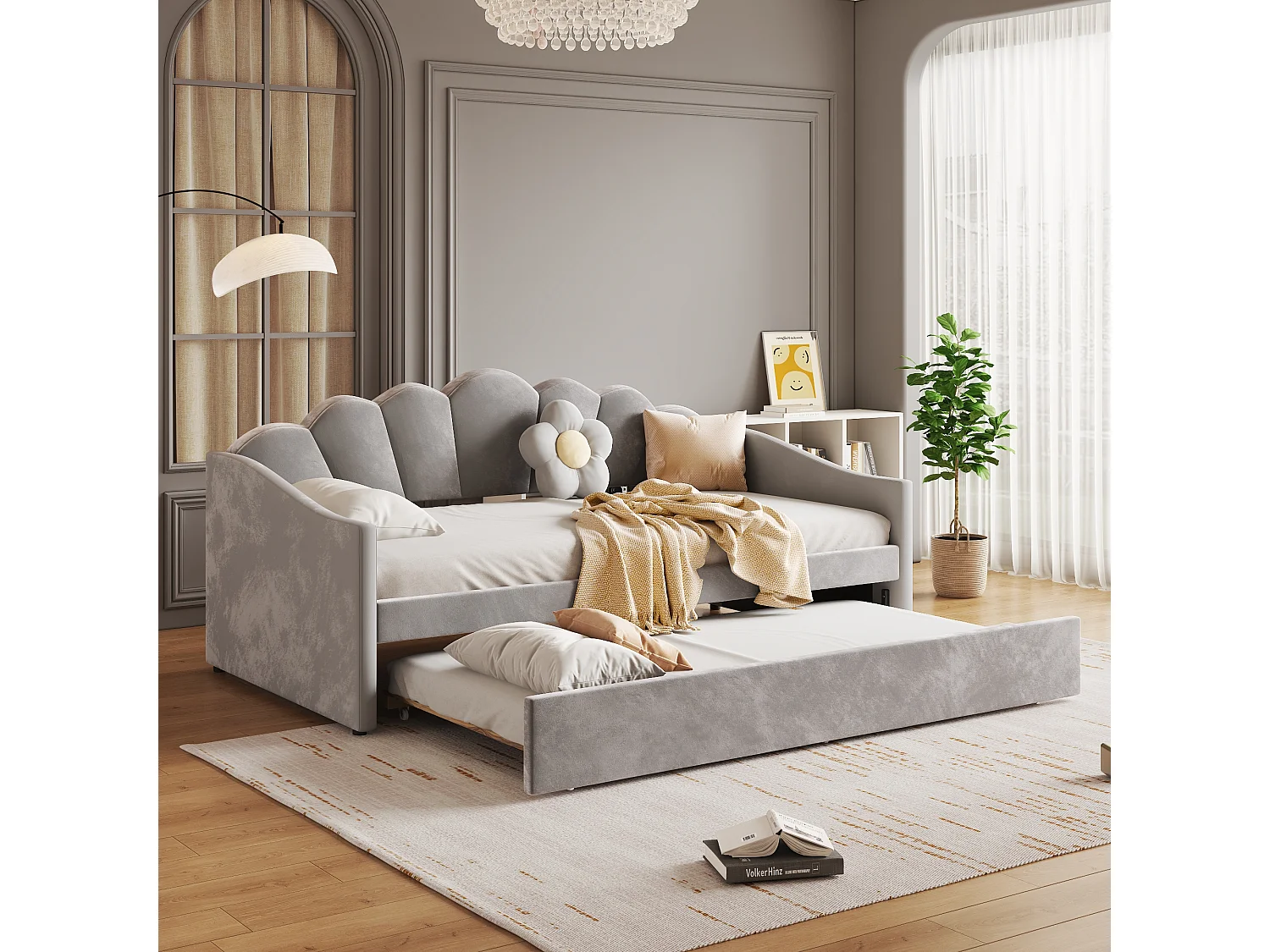 Upholstered single bed 90x190 cm - with pull-out bed 90x190 cm - velvet fabric - grey