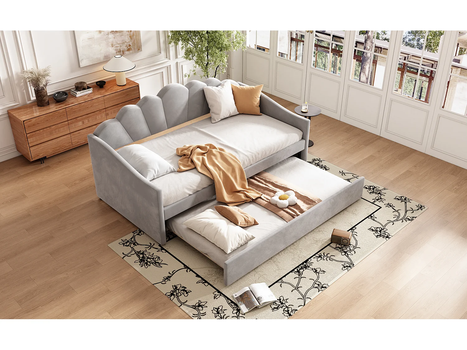 Upholstered single bed 90x190 cm - with pull-out bed 90x190 cm - velvet fabric - grey