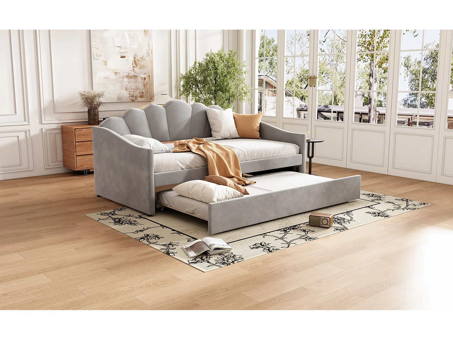 Upholstered single bed 90x190 cm - with pull-out bed 90x190 cm - velvet fabric - grey
