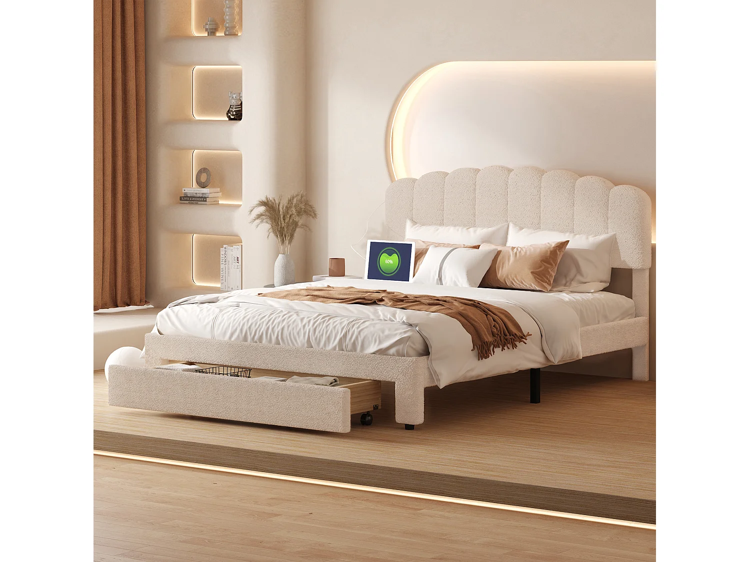 Lit Capitonné 140x200 cm - Lit Double rembourré avec Tiroir de Rangement et Tête Réglable en Hauteur - lit 2 Personnes avec Prise USB - Tissu Teddy - Beige