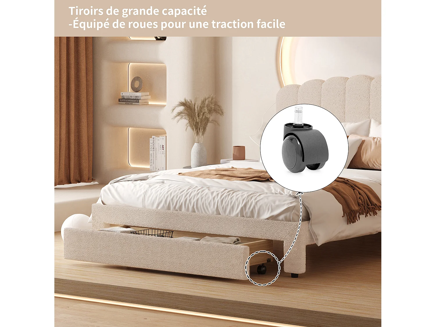 Lit Capitonné 140x200 cm - Lit Double rembourré avec Tiroir de Rangement et Tête Réglable en Hauteur - lit 2 Personnes avec Prise USB - Tissu Teddy - Beige