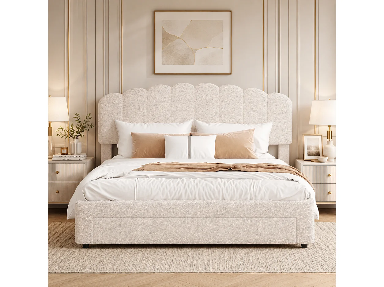 Lit Capitonné 140x200 cm - Lit Double rembourré avec Tiroir de Rangement et Tête Réglable en Hauteur - lit 2 Personnes avec Prise USB - Tissu Teddy - Beige