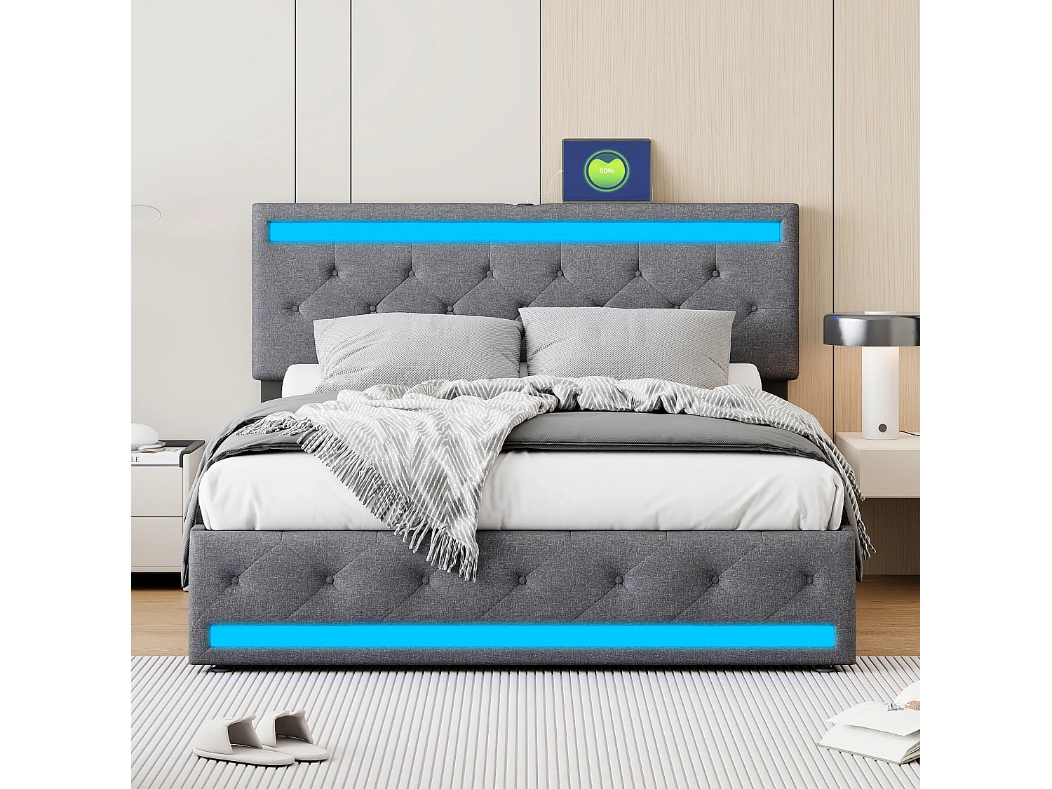 Lit double 180x200 cm - 4 Tiroirs de Rangement - lit coffre avec LED et USB - lit capitonné avec sommier à Lattes - Tête de lit - Lin - Gris Foncé