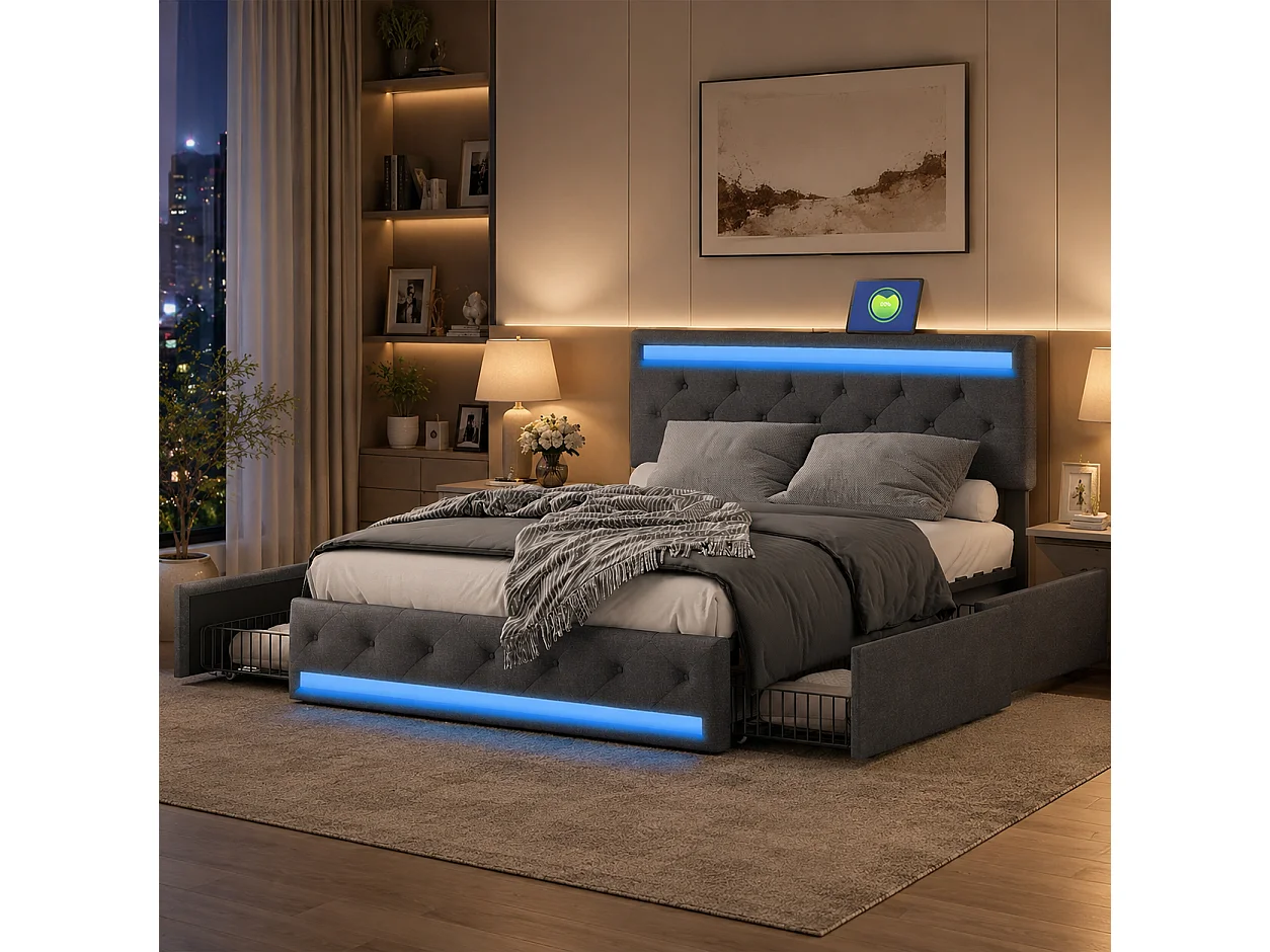 Lit double 180x200 cm - 4 Tiroirs de Rangement - lit coffre avec LED et USB - lit capitonné avec sommier à Lattes - Tête de lit - Lin - Gris Foncé