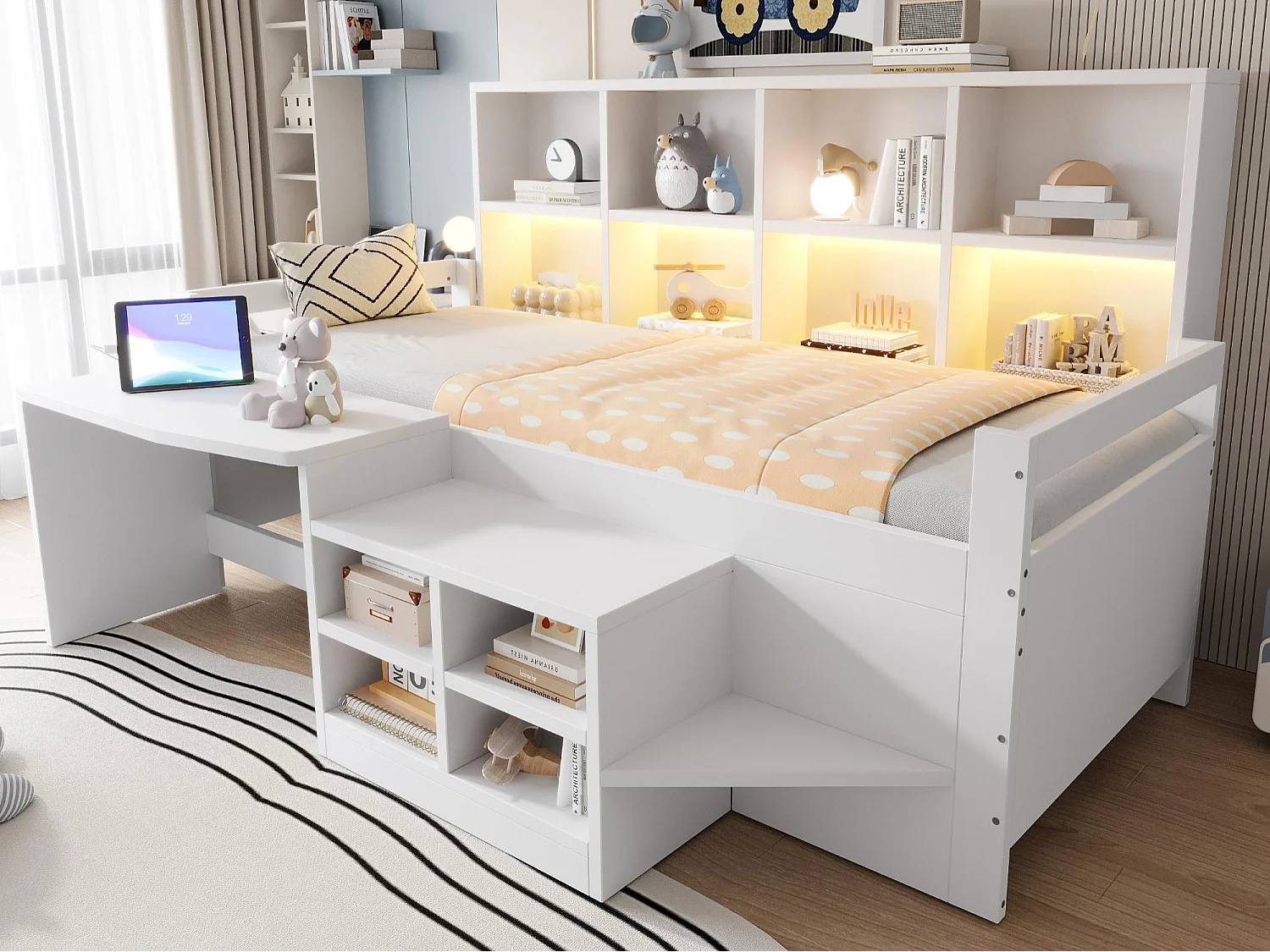 Lit enfant 90×200 cm - avec espace de rangement - avec prise électrique - avec lumière LED - blanc (matelas non inclus)
