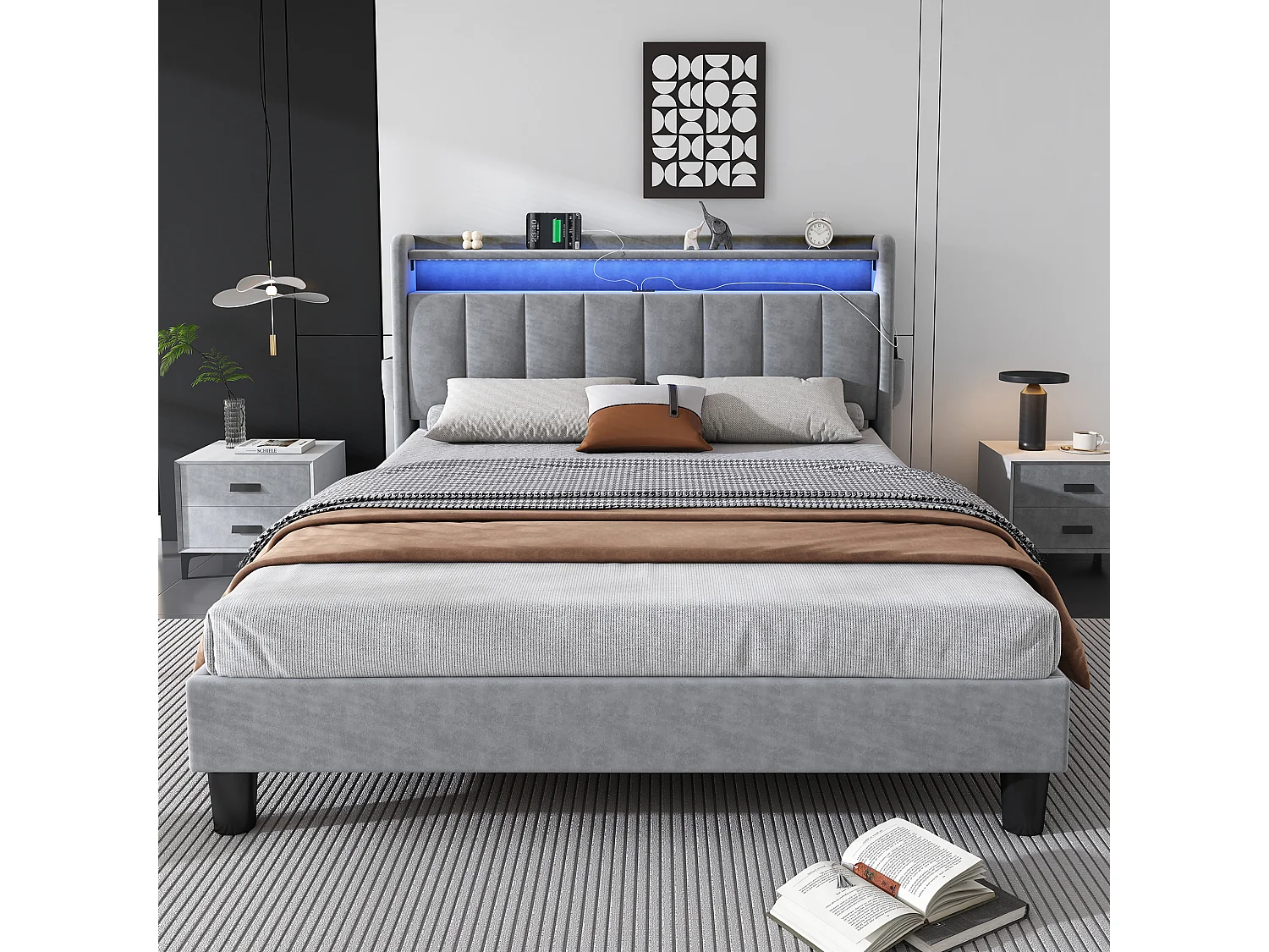 Upholstered double bed 135x190 cm - with LED light strip - 3 USB ports + 1 Type-C port - velvet fabric - grey