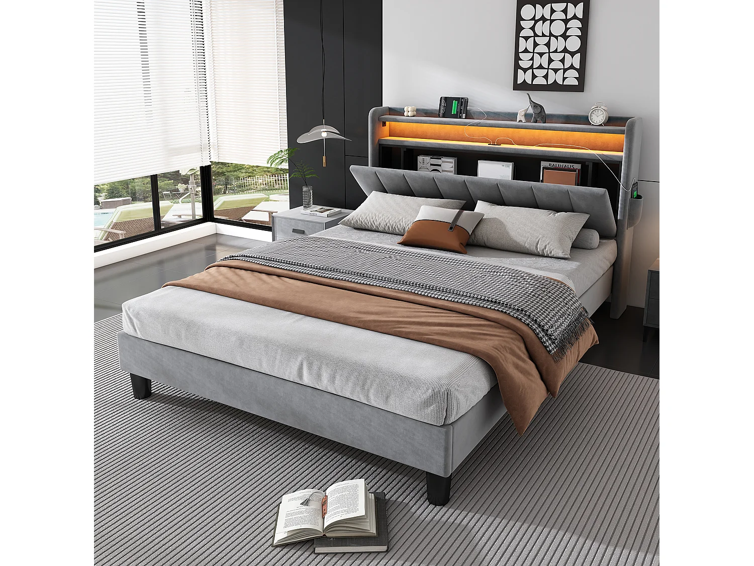 Upholstered double bed 135x190 cm - with LED light strip - 3 USB ports + 1 Type-C port - velvet fabric - grey