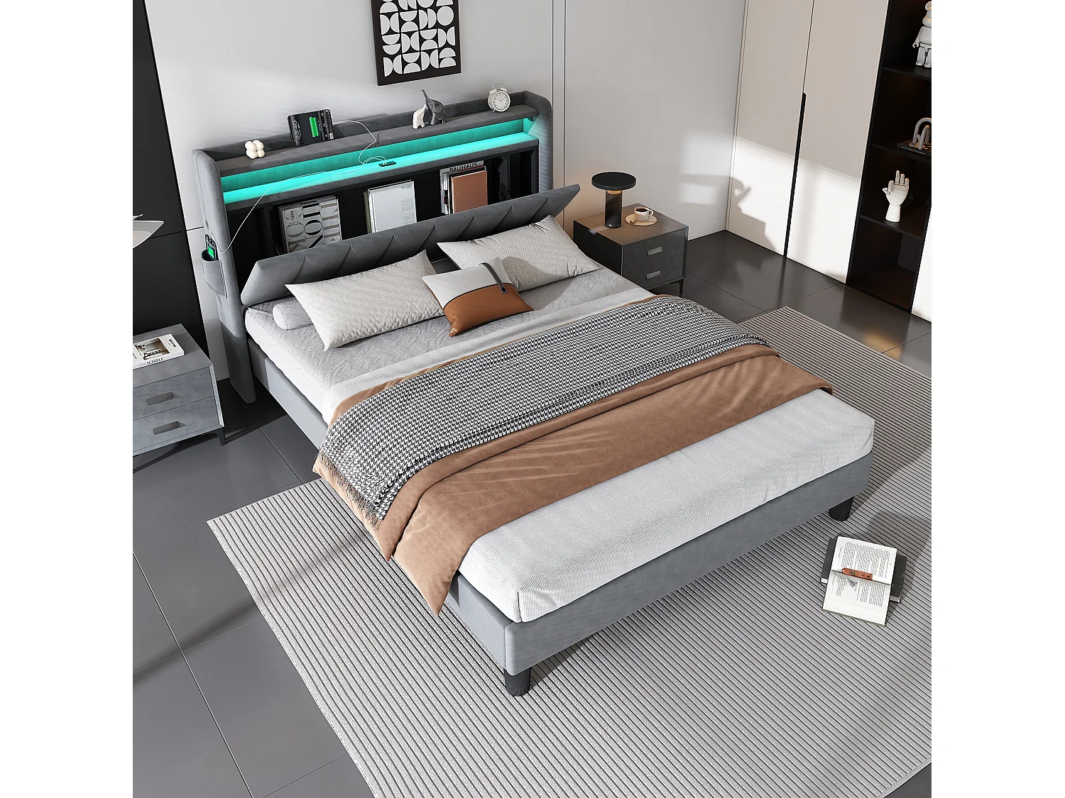 Upholstered double bed 135x190 cm - with LED light strip - 3 USB ports + 1 Type-C port - velvet fabric - grey