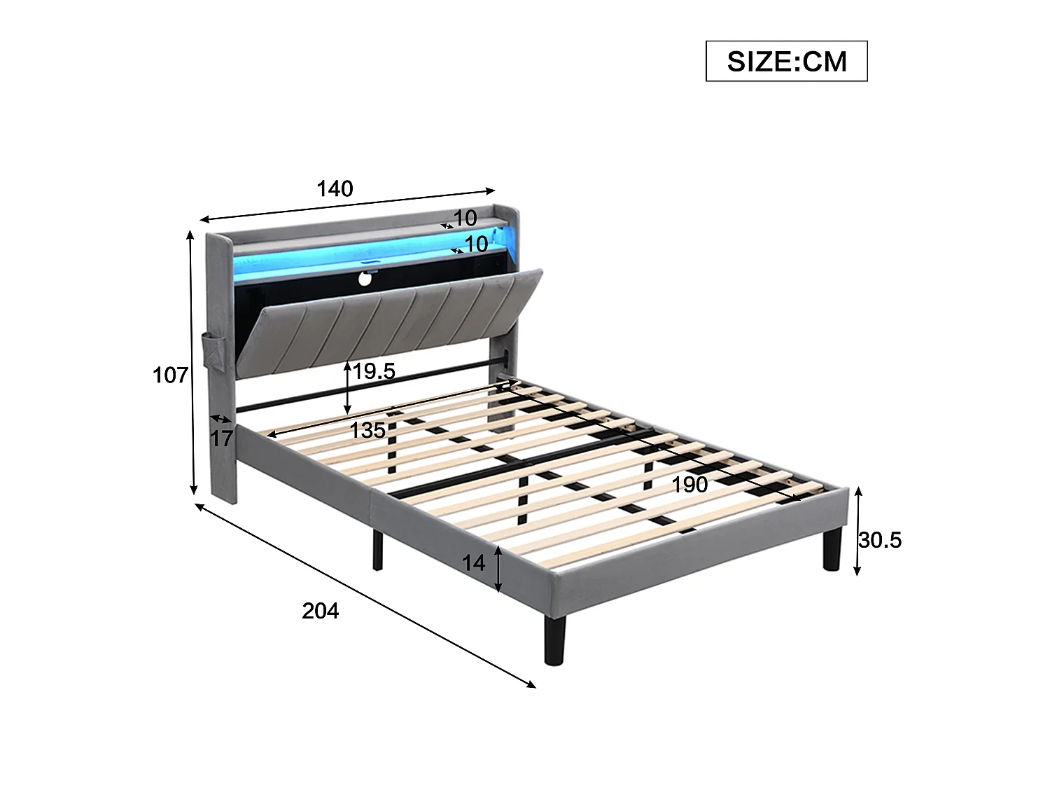 Upholstered double bed 135x190 cm - with LED light strip - 3 USB ports + 1 Type-C port - velvet fabric - grey