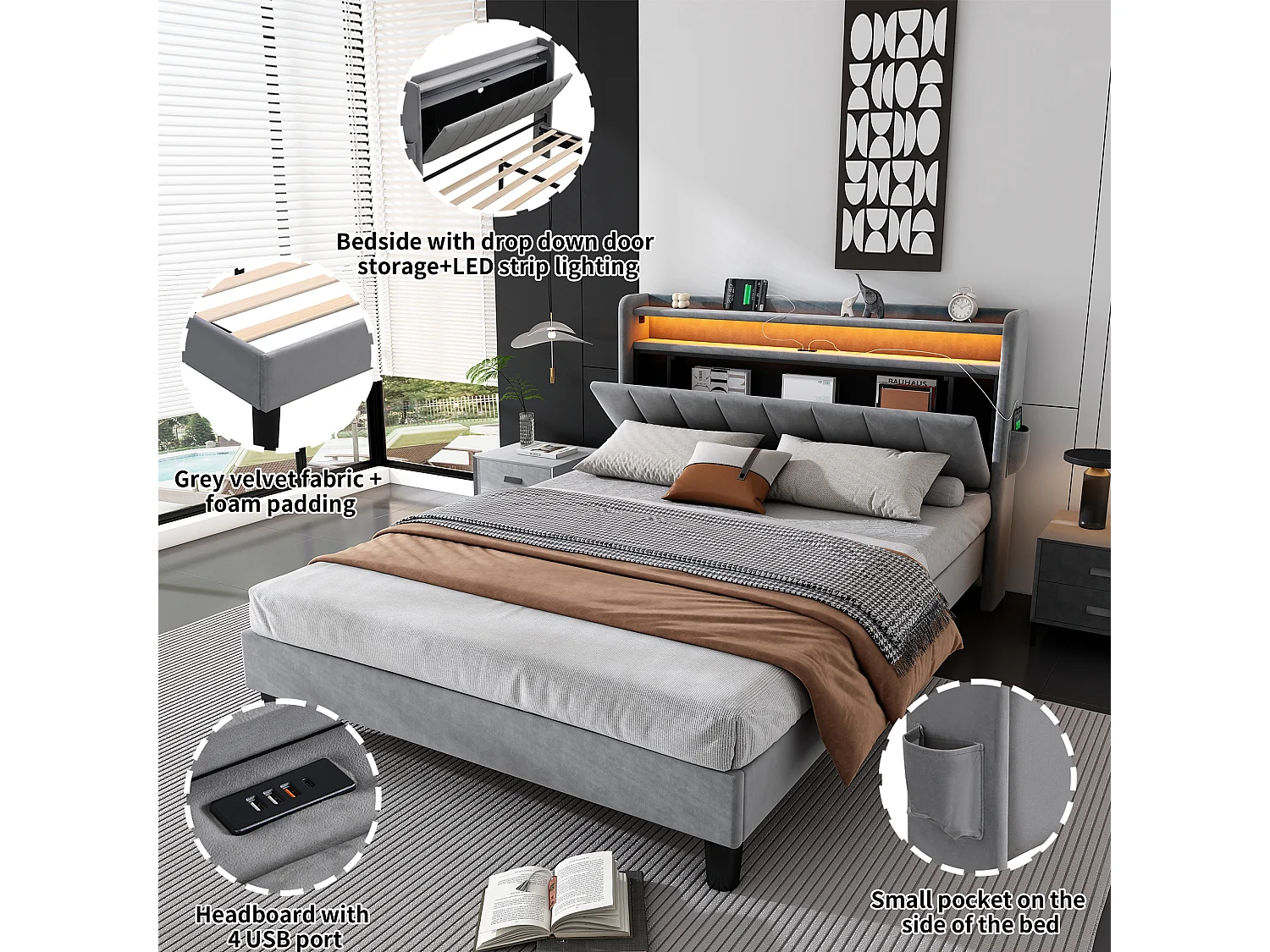 Upholstered double bed 135x190 cm - with LED light strip - 3 USB ports + 1 Type-C port - velvet fabric - grey