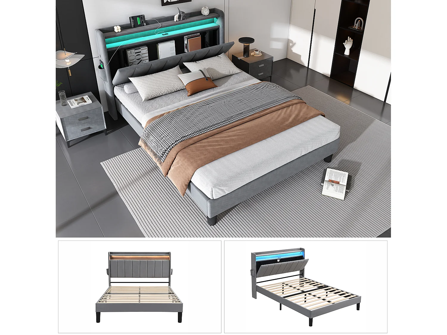 Upholstered double bed 135x190 cm - with LED light strip - 3 USB ports + 1 Type-C port - velvet fabric - grey