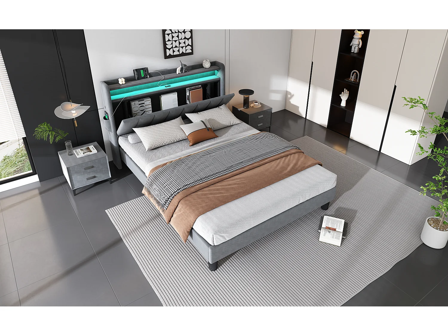 Upholstered double bed 135x190 cm - with LED light strip - 3 USB ports + 1 Type-C port - velvet fabric - grey
