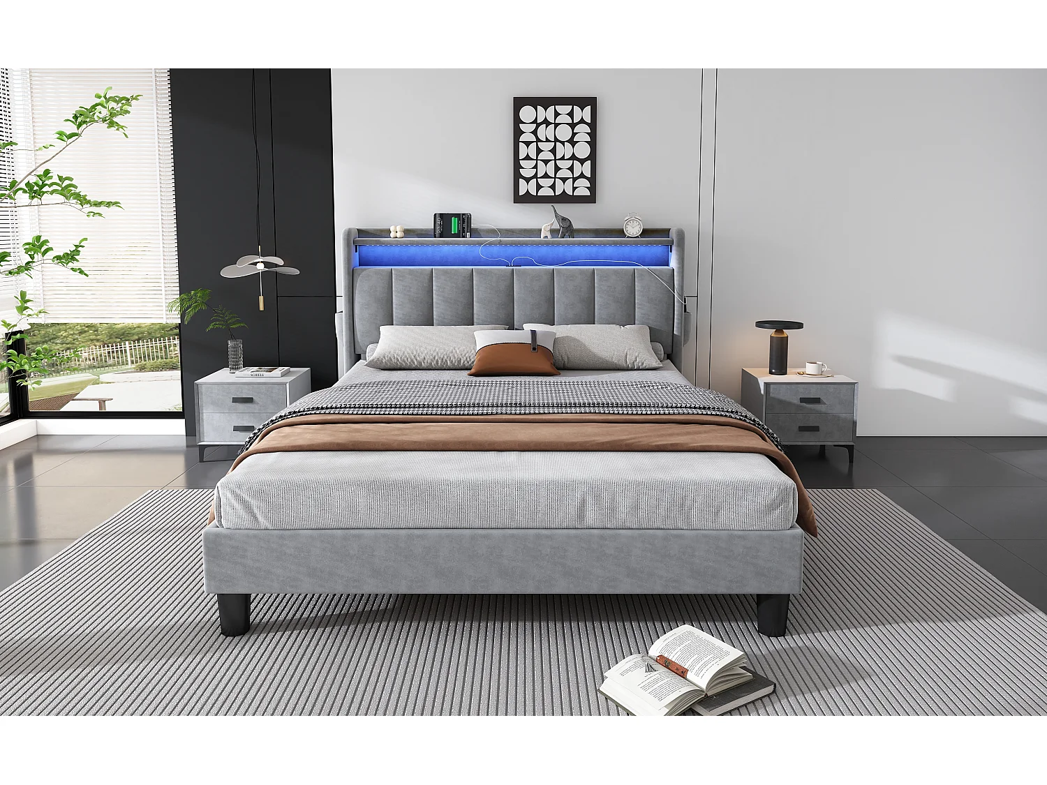 Upholstered double bed 135x190 cm - with LED light strip - 3 USB ports + 1 Type-C port - velvet fabric - grey