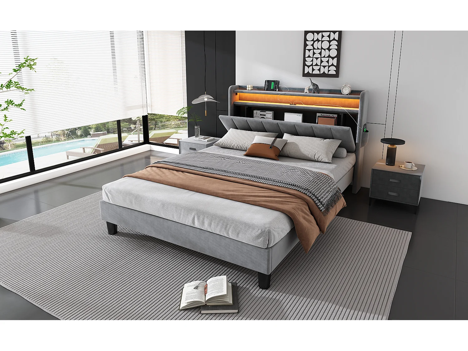 Upholstered double bed 135x190 cm - with LED light strip - 3 USB ports + 1 Type-C port - velvet fabric - grey