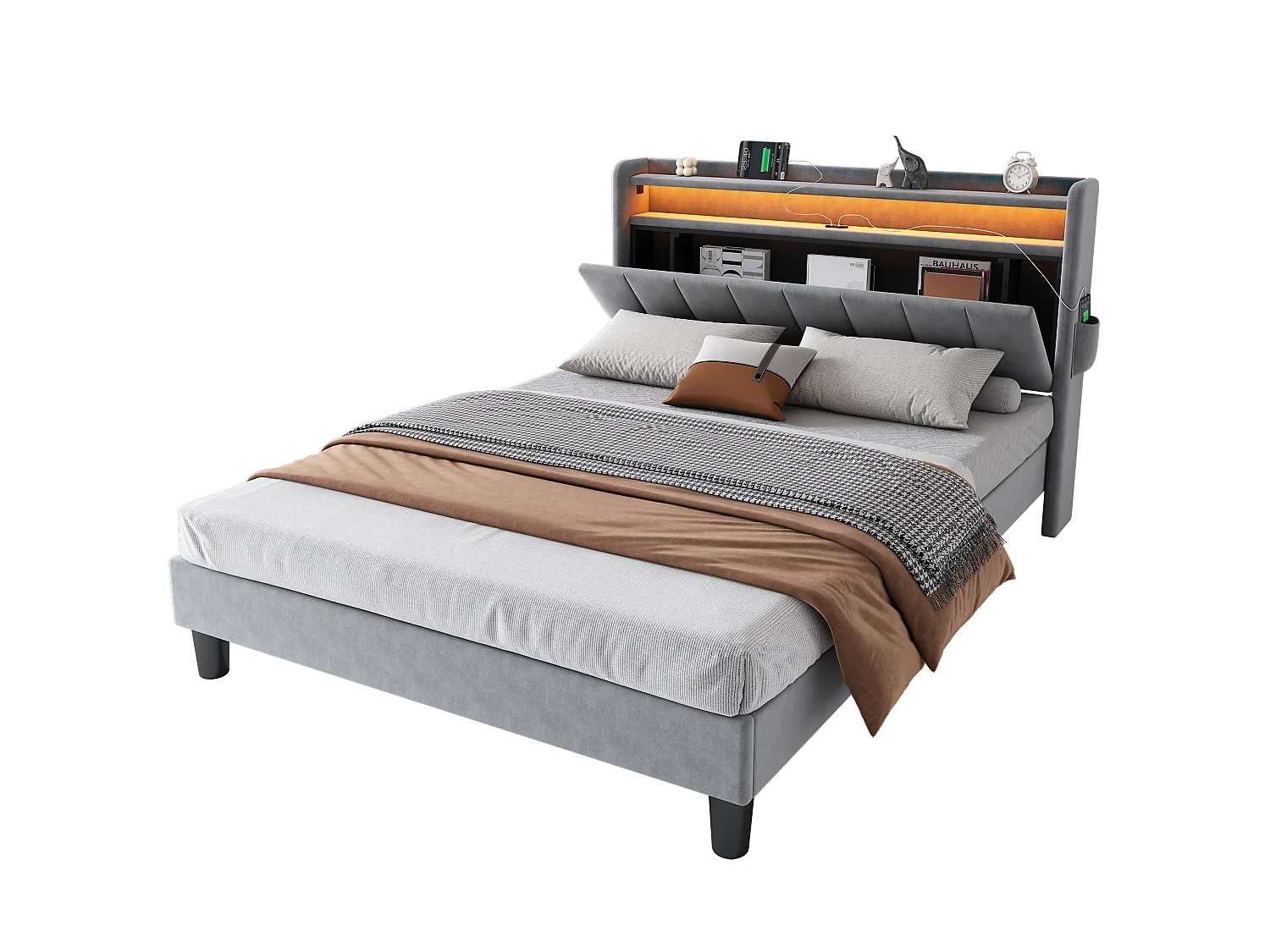 Upholstered double bed 135x190 cm - with LED light strip - 3 USB ports + 1 Type-C port - velvet fabric - grey