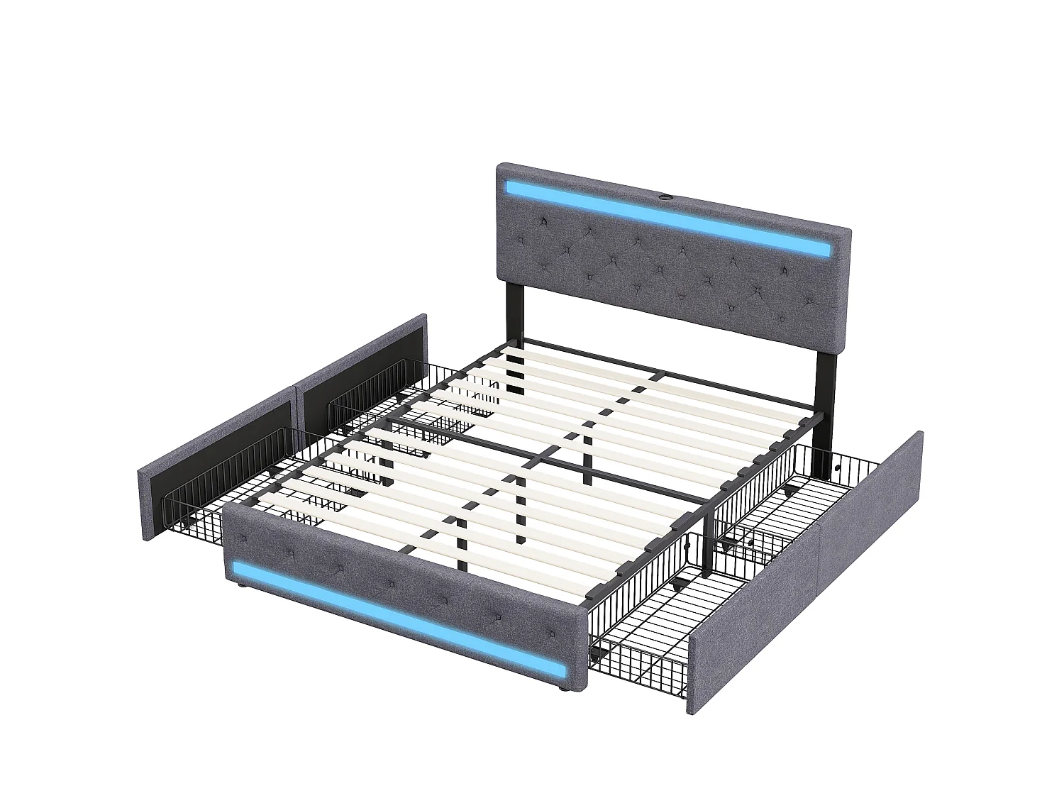 Lit Double Capitonné 160x200 cm - Sommier - 4 Tiroirs de Rangement - Lit Rembourré en Lin - Tête de Lit à LED et Charge USB - cadre de lit - Gris Foncé