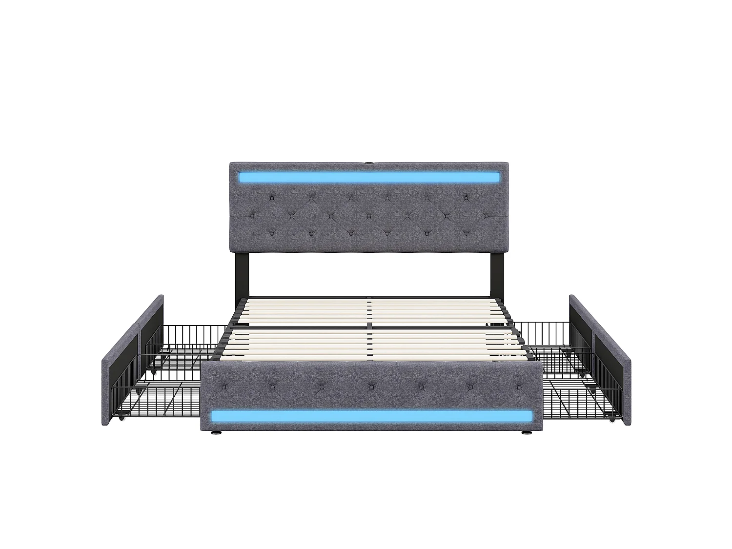 Lit Double Capitonné 160x200 cm - Sommier - 4 Tiroirs de Rangement - Lit Rembourré en Lin - Tête de Lit à LED et Charge USB - cadre de lit - Gris Foncé