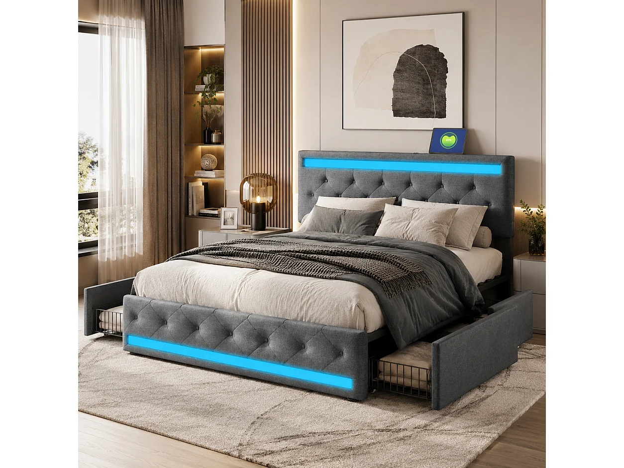 Lit Double Capitonné 160x200 cm - Sommier - 4 Tiroirs de Rangement - Lit Rembourré en Lin - Tête de Lit à LED et Charge USB - cadre de lit - Gris Foncé