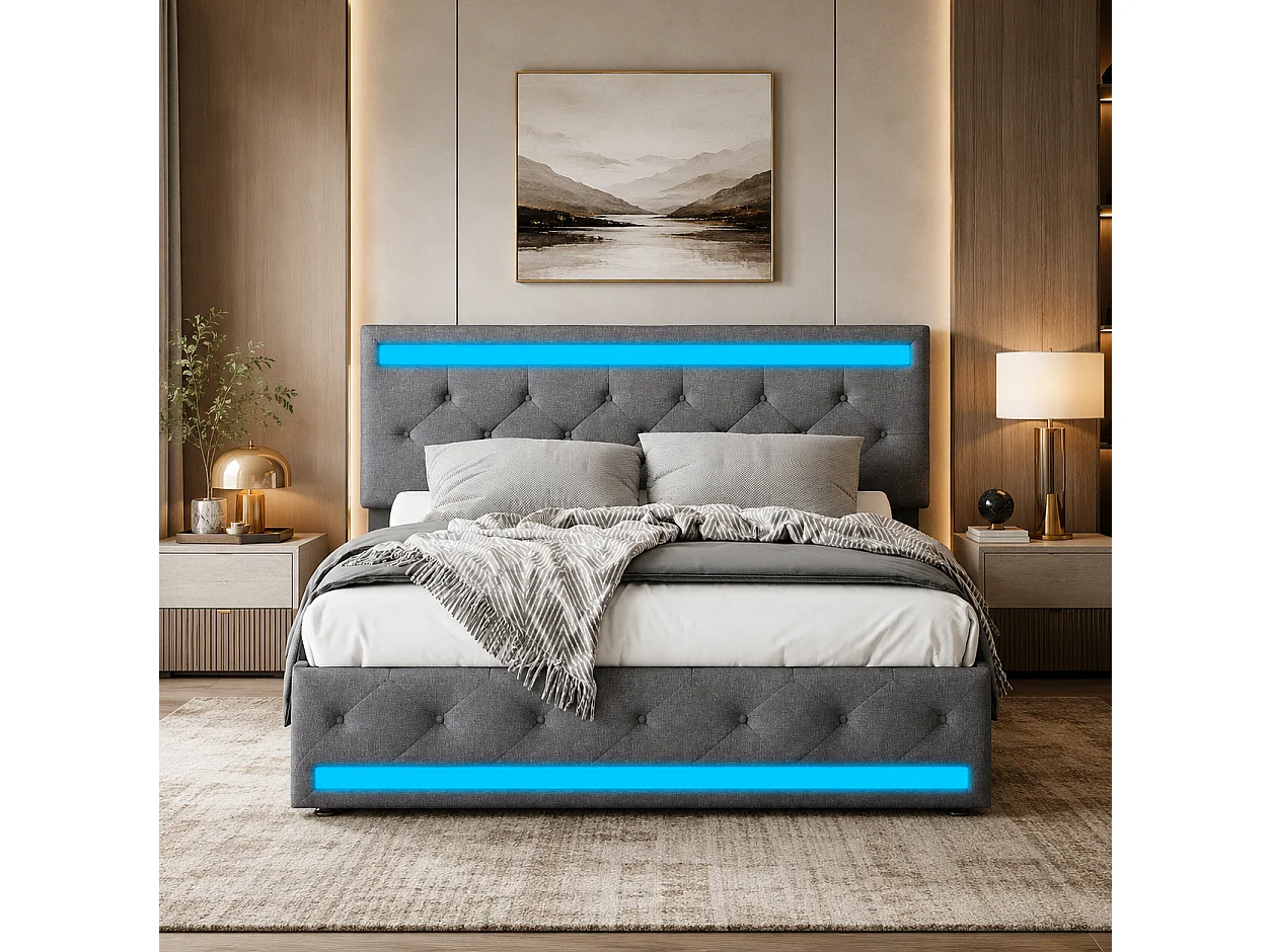 Lit double 140x200 cm - LED et USB - lit coffre avec 4 Tiroirs - Tête de lit rembourrée ajustable - lit capitonné avec Rangement - Sommier à Lattes -Lin- Gris Foncé