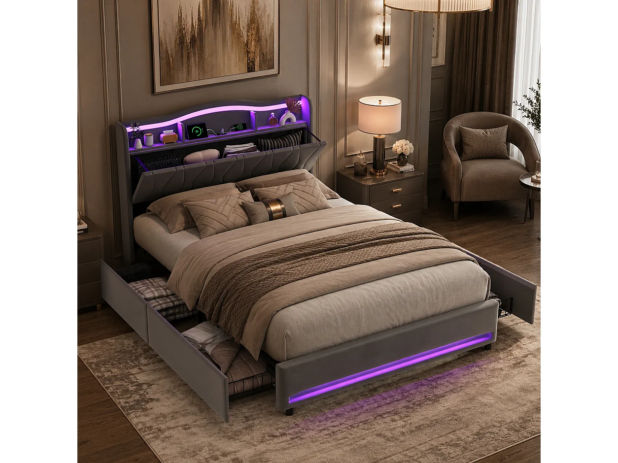 Lit Double 160x200cm avec 4 tiroirs, Lit adulte en Velours avec Éclairage LED, Prises USB/Type-C, Cadre de Lit capitonné pour Adolescents et adultes, Gris