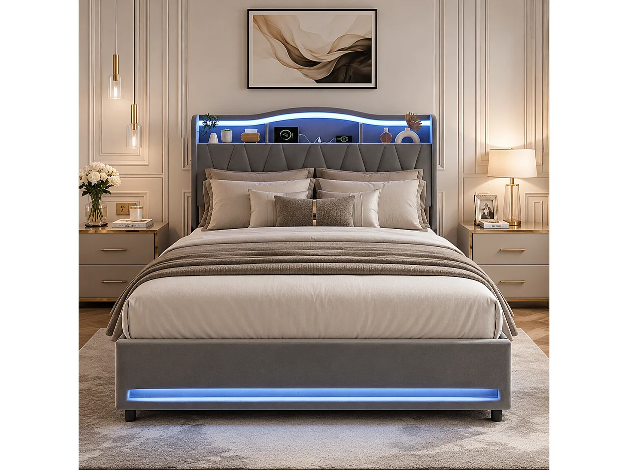 Lit Double 160x200cm avec 4 tiroirs, Lit adulte en Velours avec Éclairage LED, Prises USB/Type-C, Cadre de Lit capitonné pour Adolescents et adultes, Gris