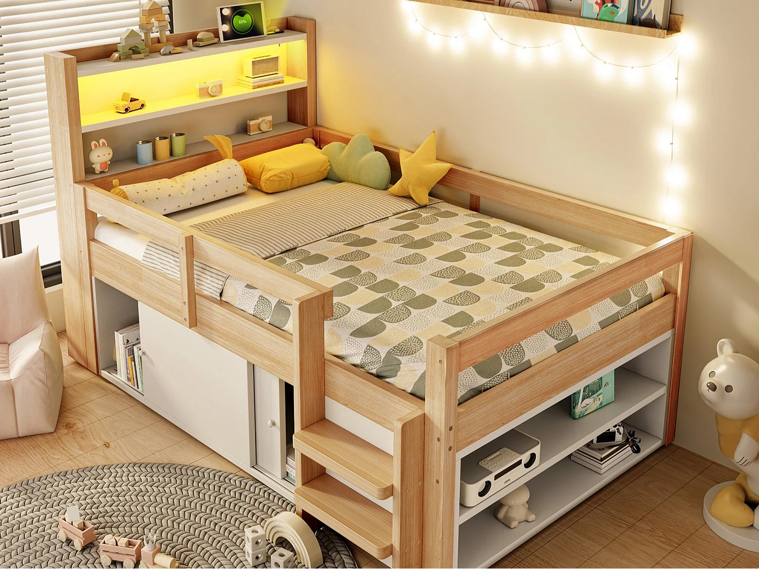Lit enfant 90 x 200 cm - avec étagères - avec compartiments de rangement - avec éclairage LED - avec port de chargement USB - naturel