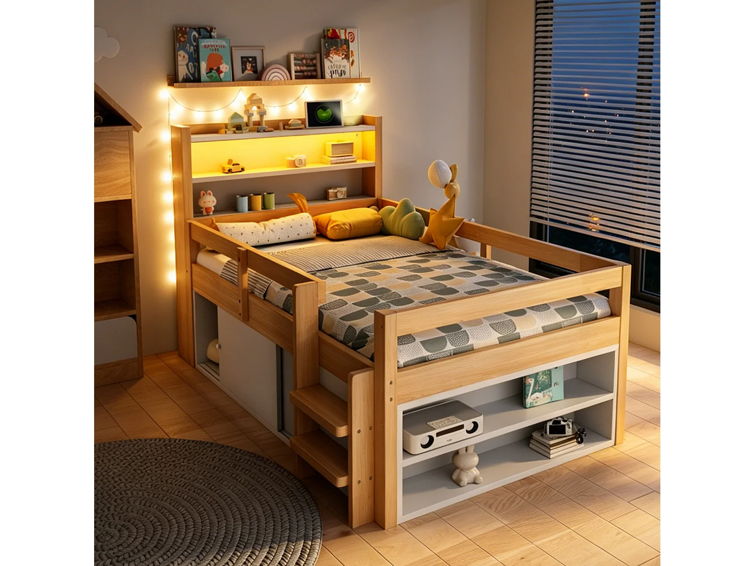 Lit enfant 90 x 200 cm - avec étagères - avec compartiments de rangement - avec éclairage LED - avec port de chargement USB - naturel