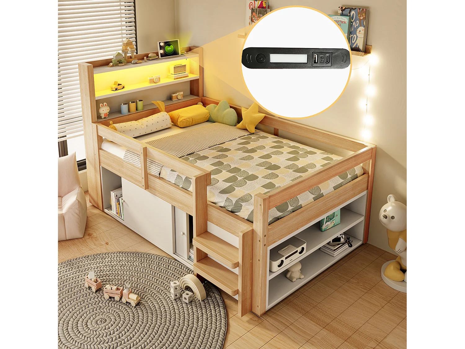 Lit enfant 90 x 200 cm - avec étagères - avec compartiments de rangement - avec éclairage LED - avec port de chargement USB - naturel