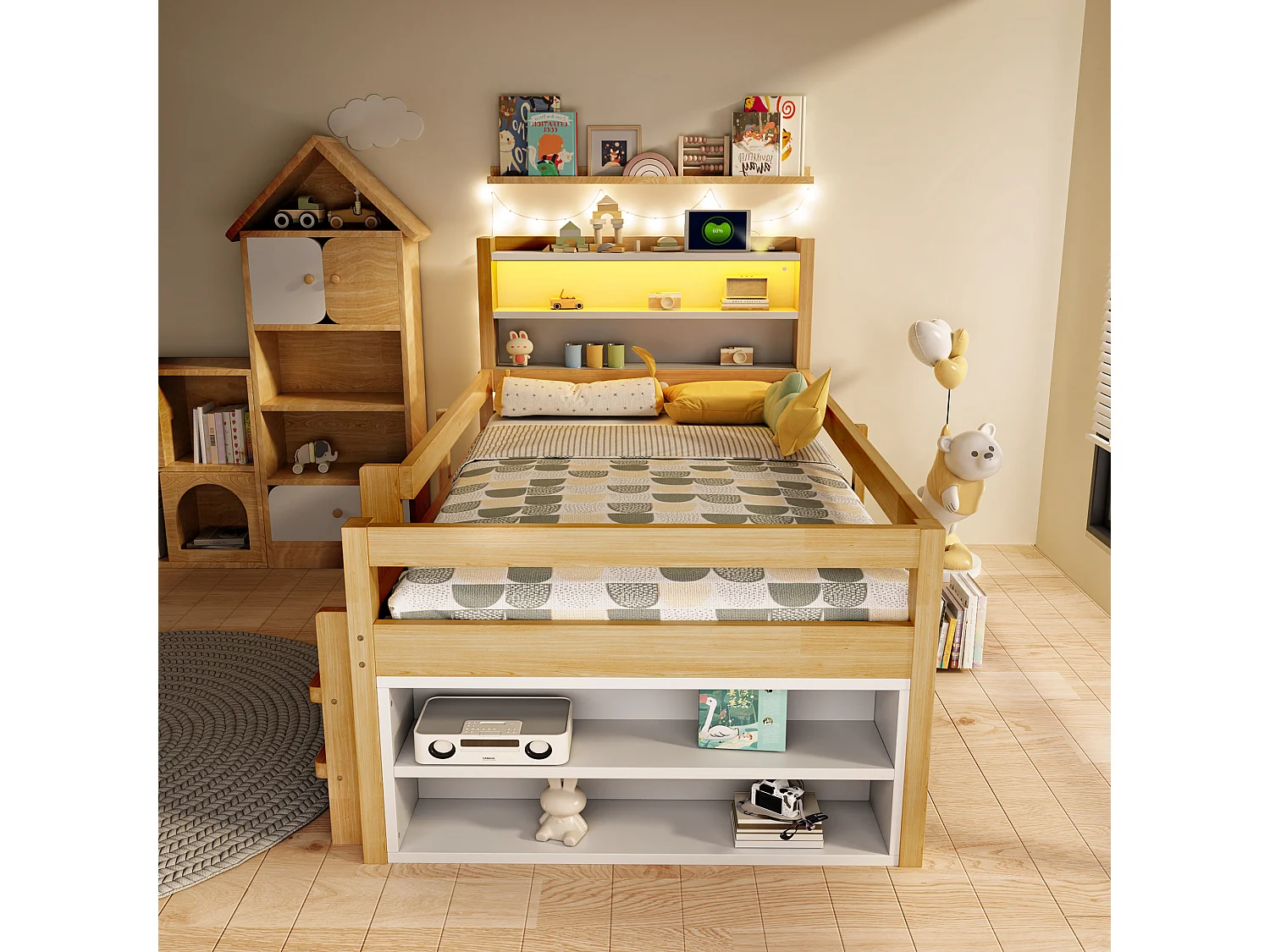Lit enfant 90 x 200 cm - avec étagères - avec compartiments de rangement - avec éclairage LED - avec port de chargement USB - naturel