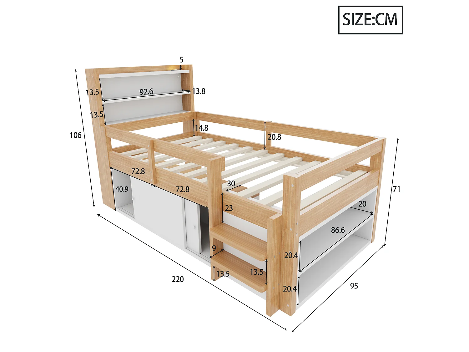 Lit enfant 90 x 200 cm - avec étagères - avec compartiments de rangement - avec éclairage LED - avec port de chargement USB - naturel
