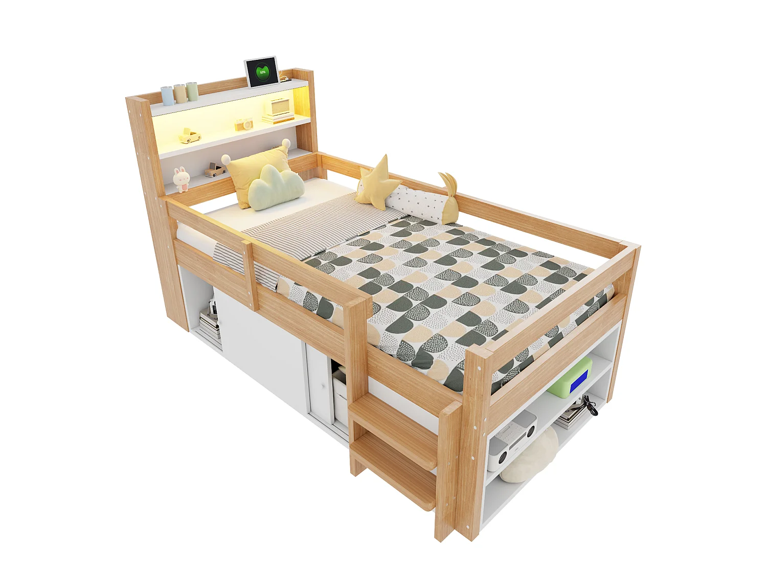 Lit enfant 90 x 200 cm - avec étagères - avec compartiments de rangement - avec éclairage LED - avec port de chargement USB - naturel