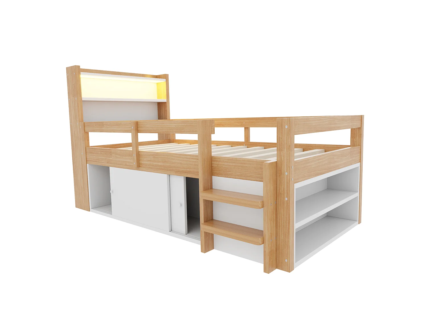 Lit enfant 90 x 200 cm - avec étagères - avec compartiments de rangement - avec éclairage LED - avec port de chargement USB - naturel