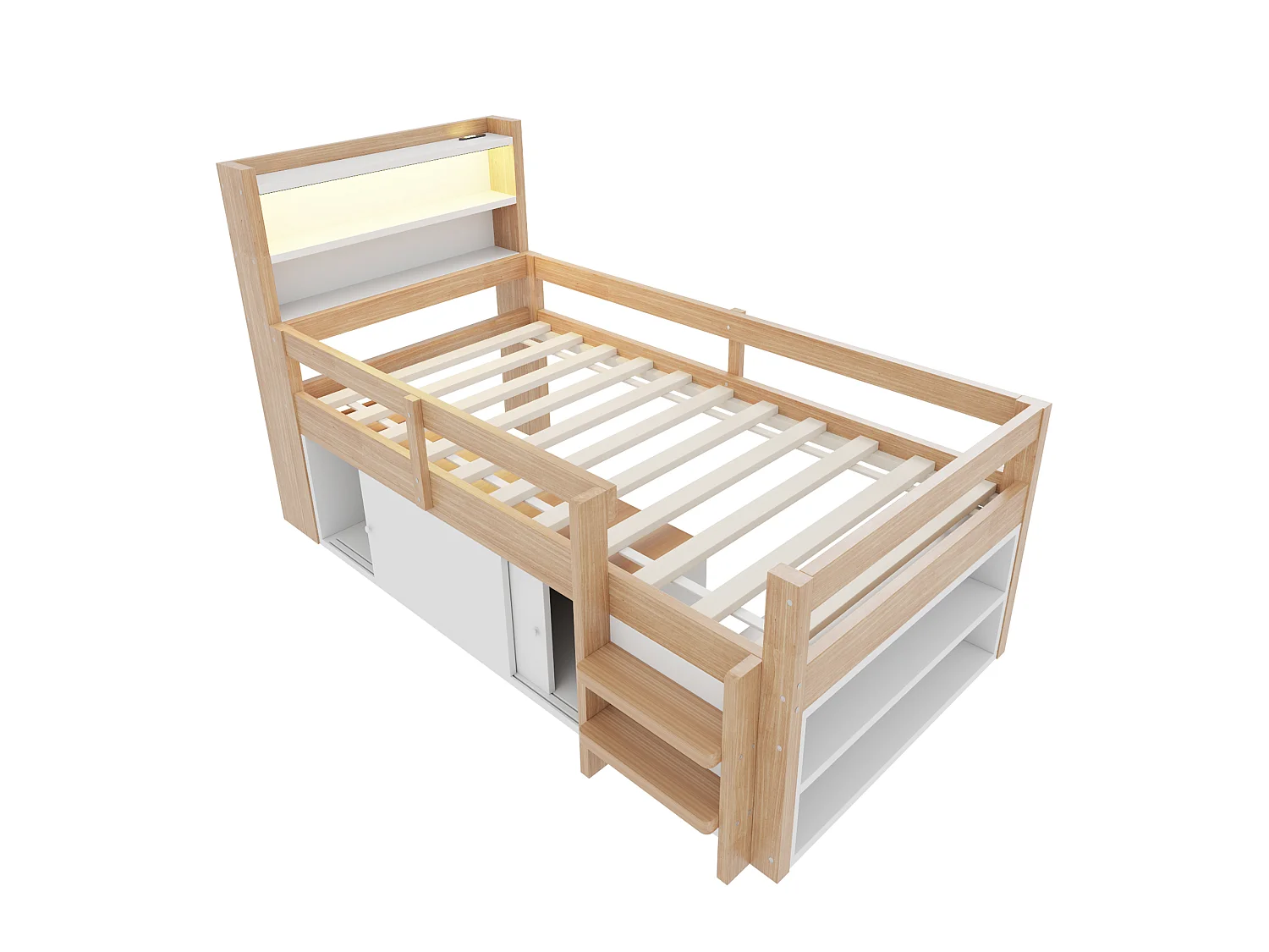 Lit enfant 90 x 200 cm - avec étagères - avec compartiments de rangement - avec éclairage LED - avec port de chargement USB - naturel